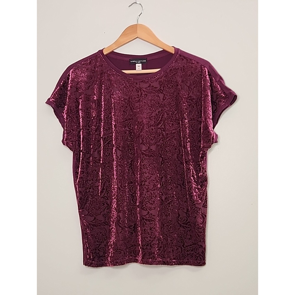 Simply Styled Womens Medium Maroon Velvet Burn Out Short Sleeve Top Whimsigoth